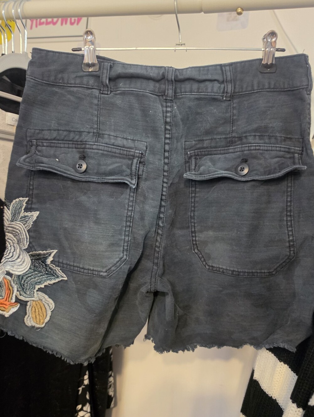 FREE PEOPLE Embroidered Black Denim Shorts with Floral Detail - Picture 7 of 16